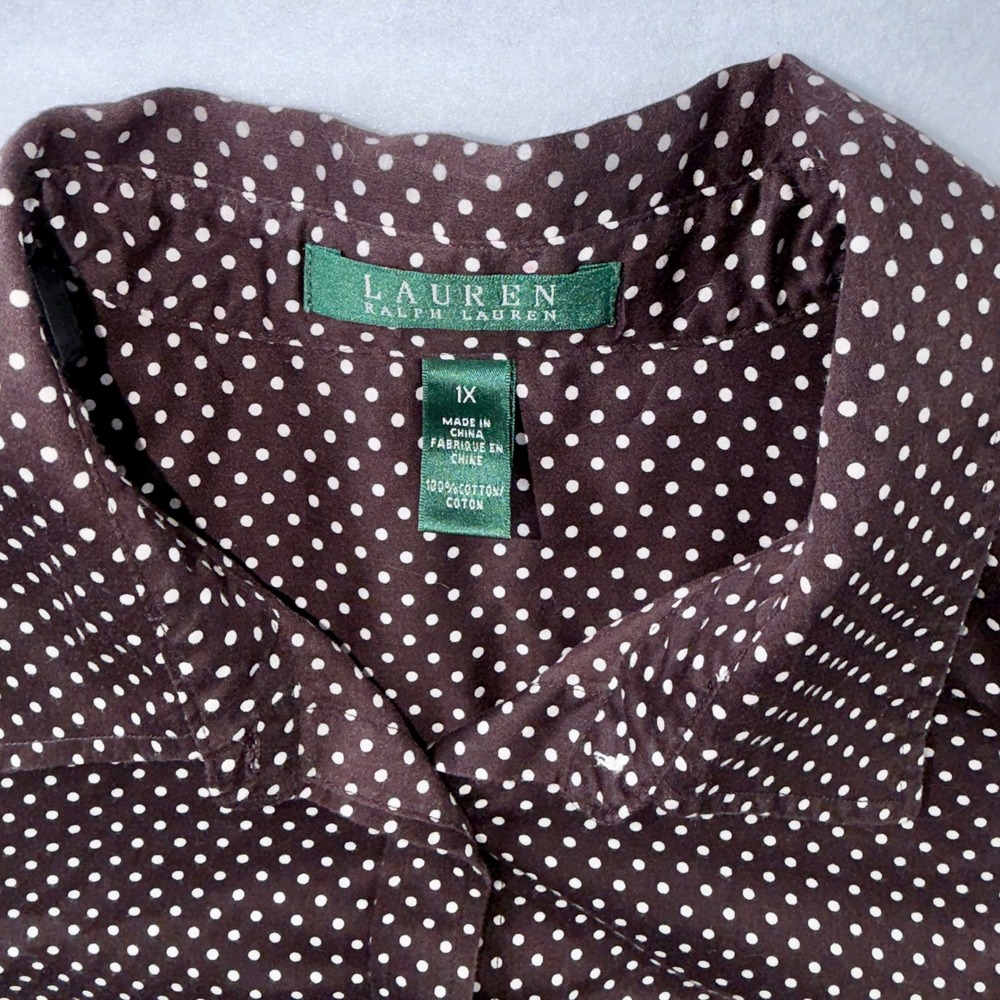 Lauren Ralph Lauren Polka Dot Cotton Button Down Shirt Brown White 1X Plus Size - Picture 2 of 5